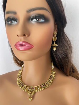 Matte Gold Necklace Ruby Emerald Choker Indian Jewelry Indian Jewelry Rajwadi Necklace Bollywood Jewelry