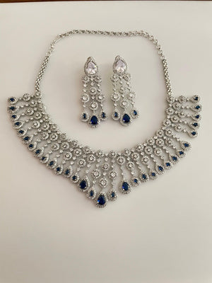 Sapphire CZ Diamond Necklace | Indian Jewelry | Pakistani Jewelry | Indian CZ Necklace Set | American Diamond Necklace Blue Diamond