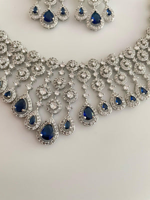 Sapphire CZ Diamond Necklace | Indian Jewelry | Pakistani Jewelry | Indian CZ Necklace Set | American Diamond Necklace Blue Diamond