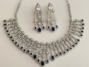 Sapphire CZ Diamond Necklace | Indian Jewelry | Pakistani Jewelry | Indian CZ Necklace Set | American Diamond Necklace Blue Diamond