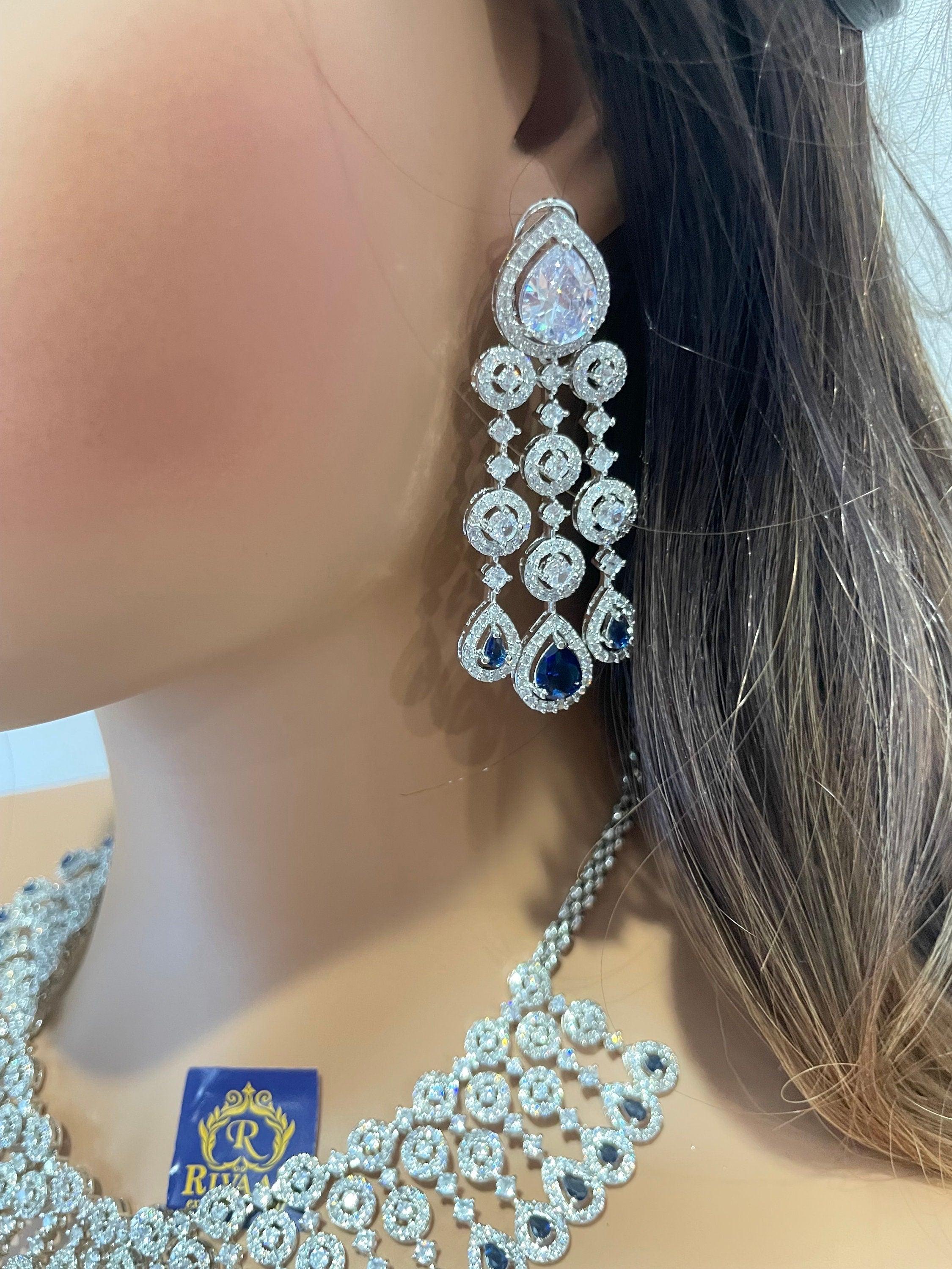 Sapphire CZ Diamond Necklace | Indian Jewelry | Pakistani Jewelry | Indian CZ Necklace Set | American Diamond Necklace Blue Diamond