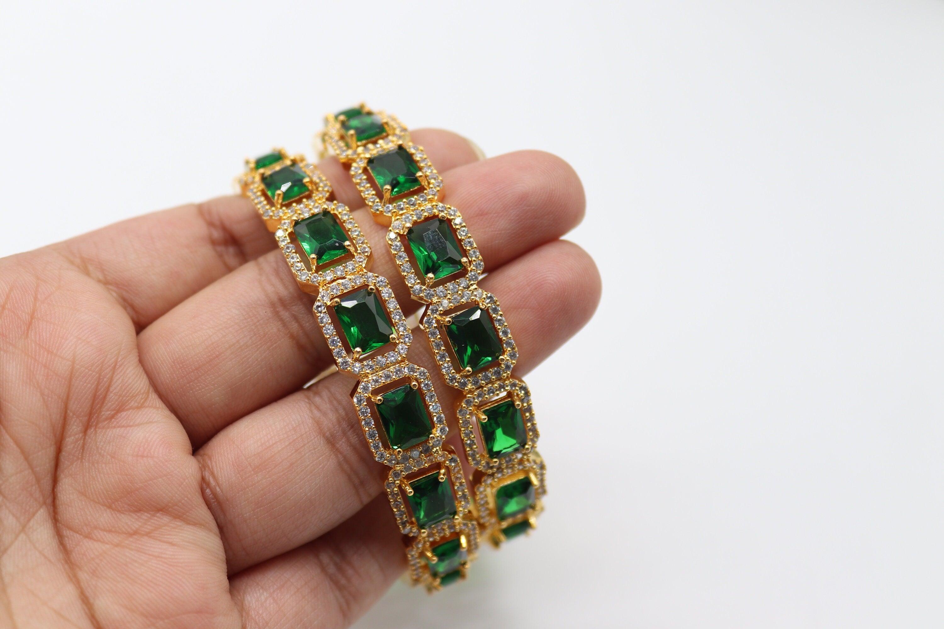 Gold Emerald Diamond Bangle Indian Jewelry Green Bangle Pakistani Jewelry Bollywood Jewelry Bangles Green CZ Bangle Indian Bridal Wedding