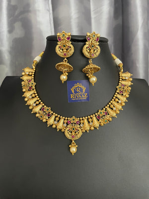 Matte Gold Necklace Ruby Emerald Choker Indian Jewelry Indian Jewelry Rajwadi Necklace Bollywood Jewelry