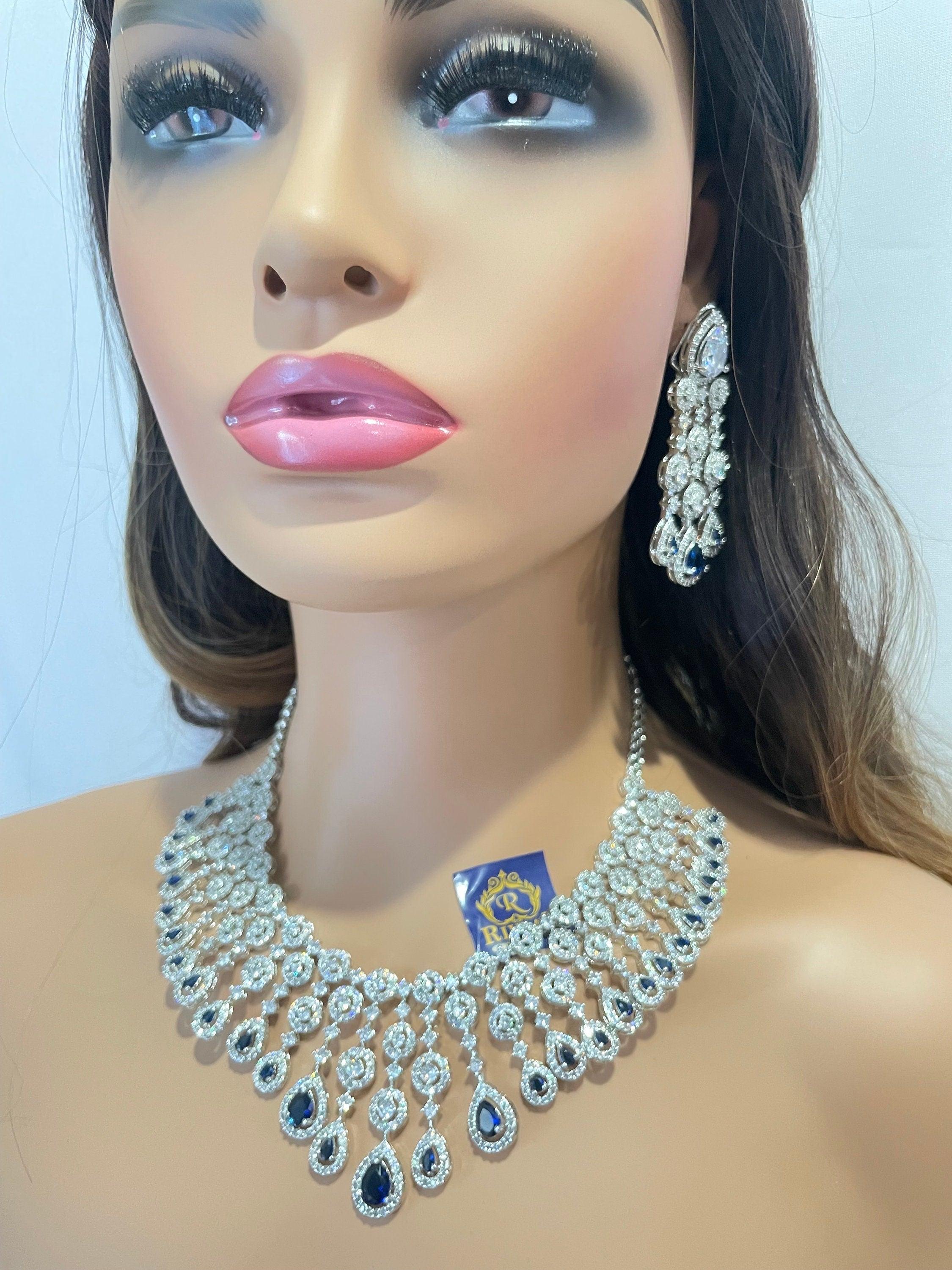 Sapphire CZ Diamond Necklace | Indian Jewelry | Pakistani Jewelry | Indian CZ Necklace Set | American Diamond Necklace Blue Diamond