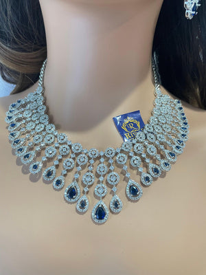 Sapphire CZ Diamond Necklace | Indian Jewelry | Pakistani Jewelry | Indian CZ Necklace Set | American Diamond Necklace Blue Diamond