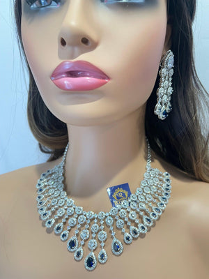 Sapphire CZ Diamond Necklace | Indian Jewelry | Pakistani Jewelry | Indian CZ Necklace Set | American Diamond Necklace Blue Diamond