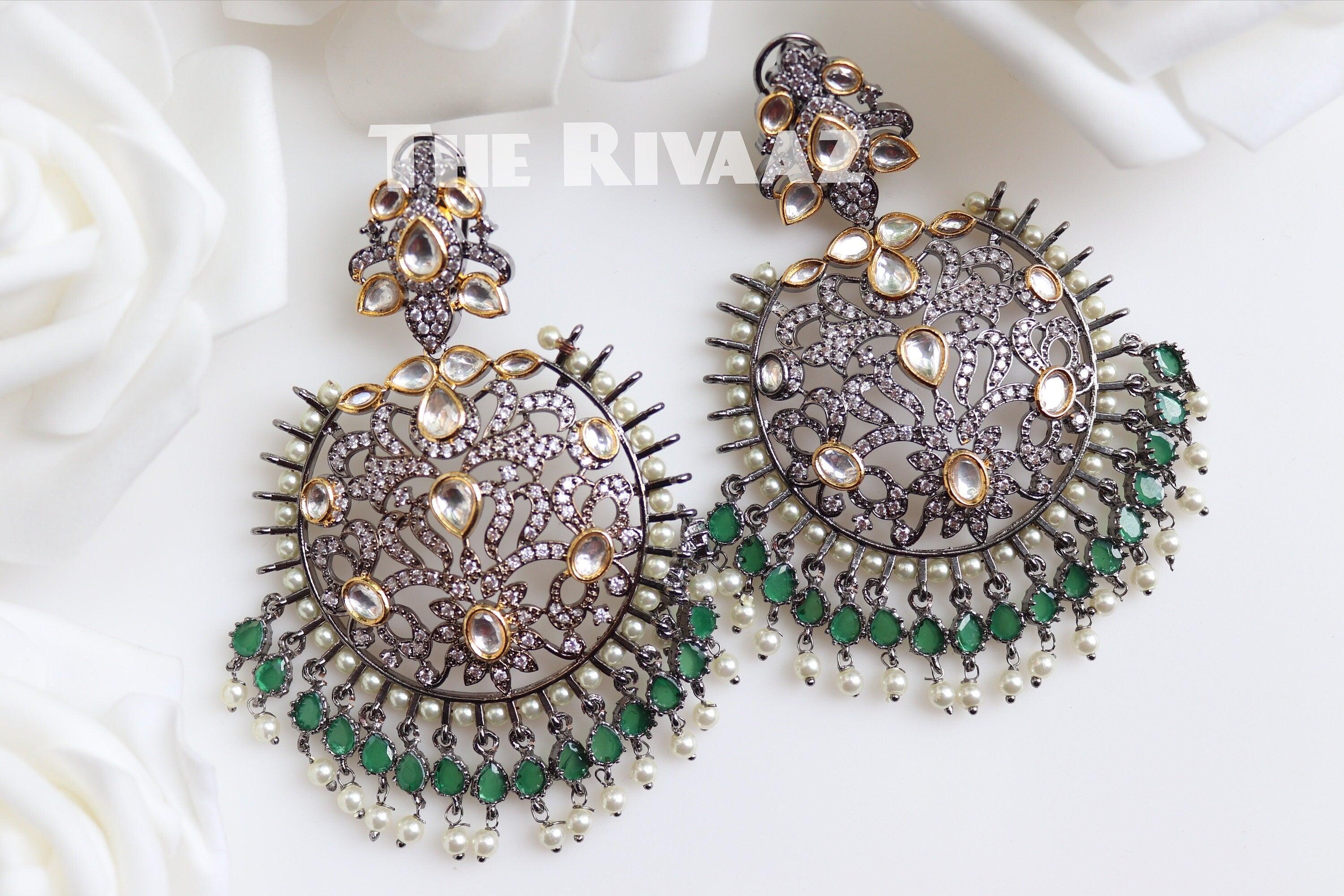 Emerald Victorian Chandelier Earrings Indian Earrings Indian Jewelry Pakistani Jewelry Kundan Chaandbali Victorian Earrings American Diamond