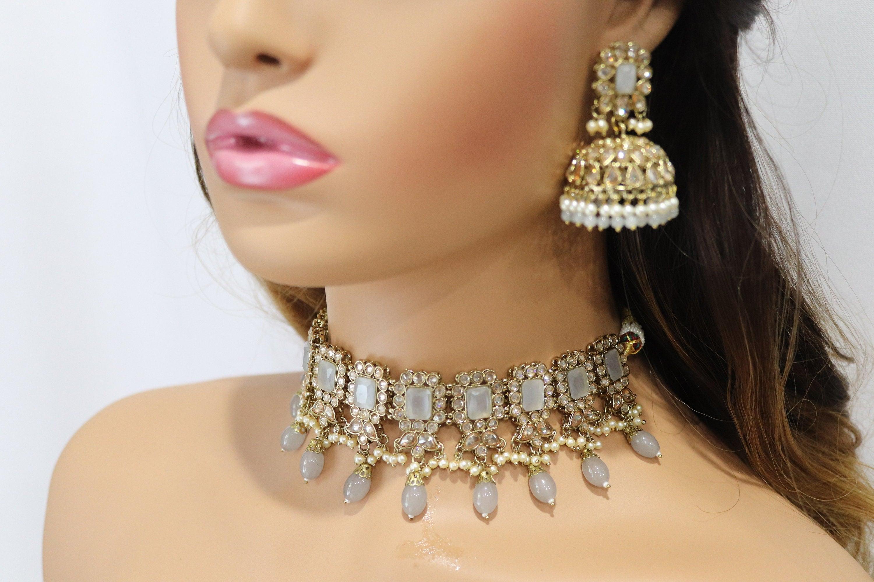 Myra Octo Gray Polki Choker Necklace Indian Jewelry Kundan Necklace Pakistani Jewelry Indian Choker Set Grey Punjabi Jewelry Wedding