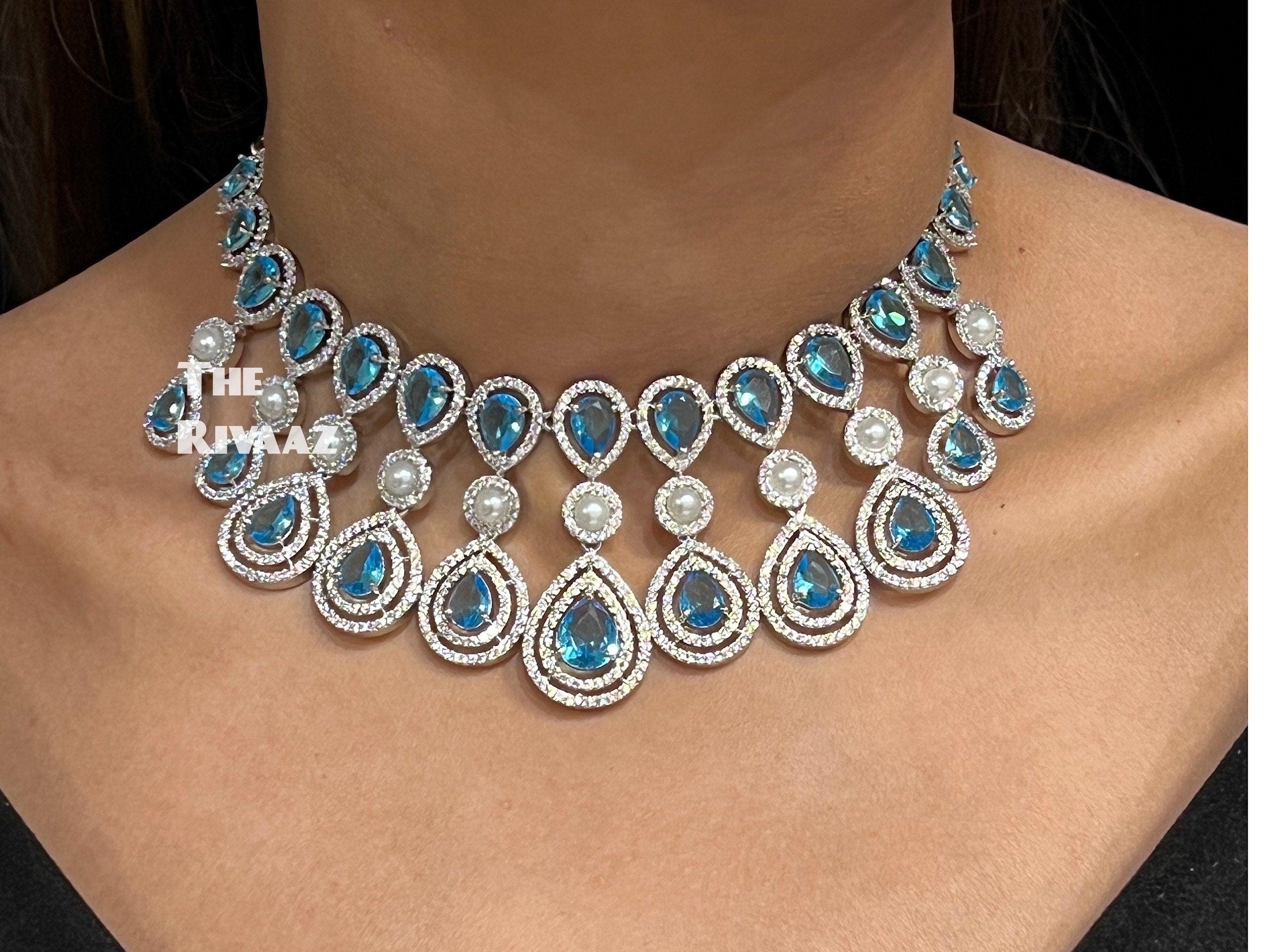Kysha Aqua Light Blue CZ Pearl Choker with Earrings and Tikka Indian Bridal Indian Set American Diamond Necklace Set Crystal Necklace