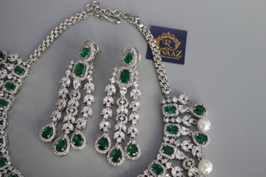 Emerald CZ Diamond Pearl Necklace Wedding Necklace Statement Necklace CZ Necklace Set Indian Bridal Jewelry American Diamond Set