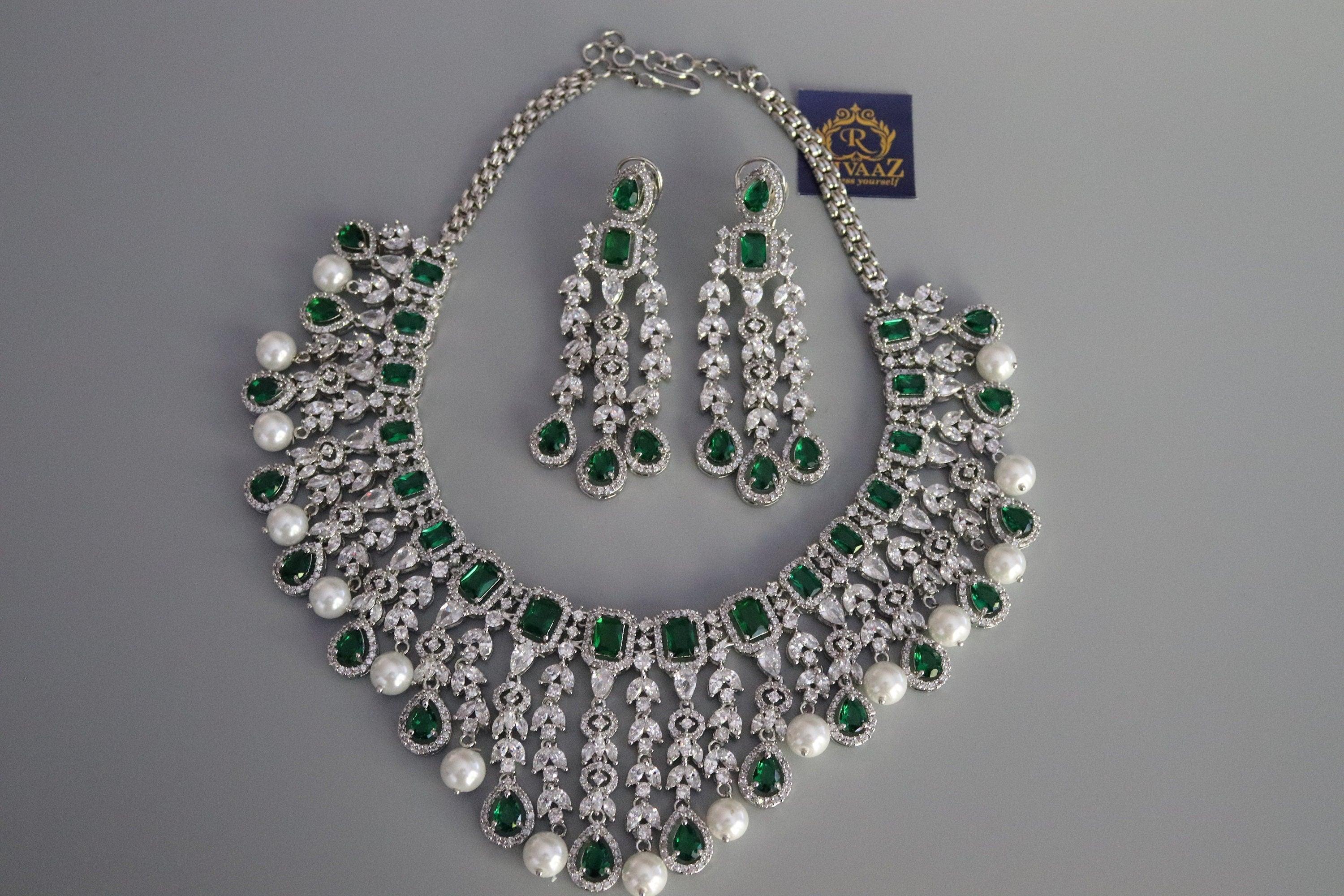Emerald CZ Diamond Pearl Necklace Wedding Necklace Statement Necklace CZ Necklace Set Indian Bridal Jewelry American Diamond Set