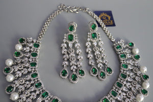 Emerald CZ Diamond Pearl Necklace Wedding Necklace Statement Necklace CZ Necklace Set Indian Bridal Jewelry American Diamond Set