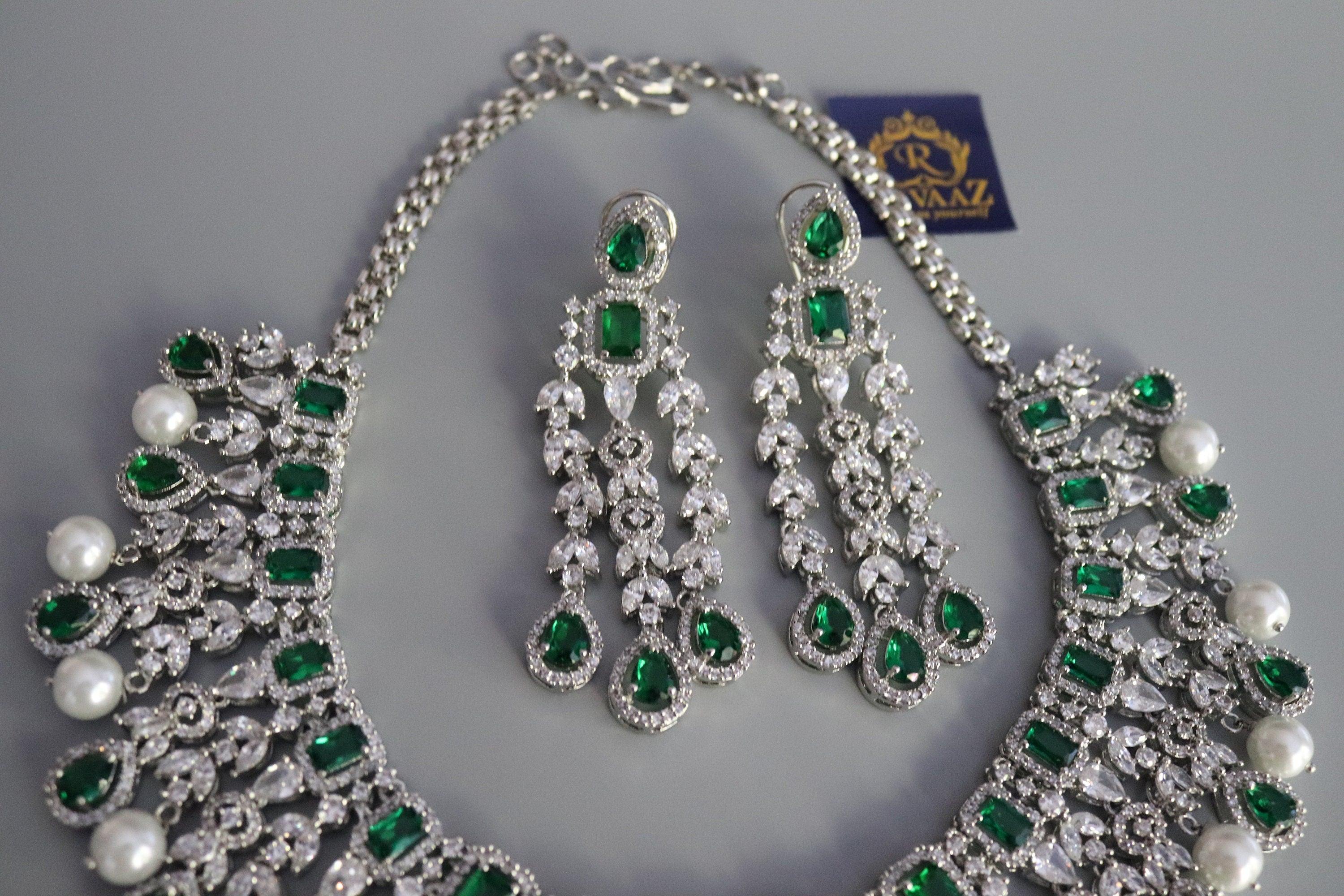 Emerald CZ Diamond Pearl Necklace Wedding Necklace Statement Necklace CZ Necklace Set Indian Bridal Jewelry American Diamond Set