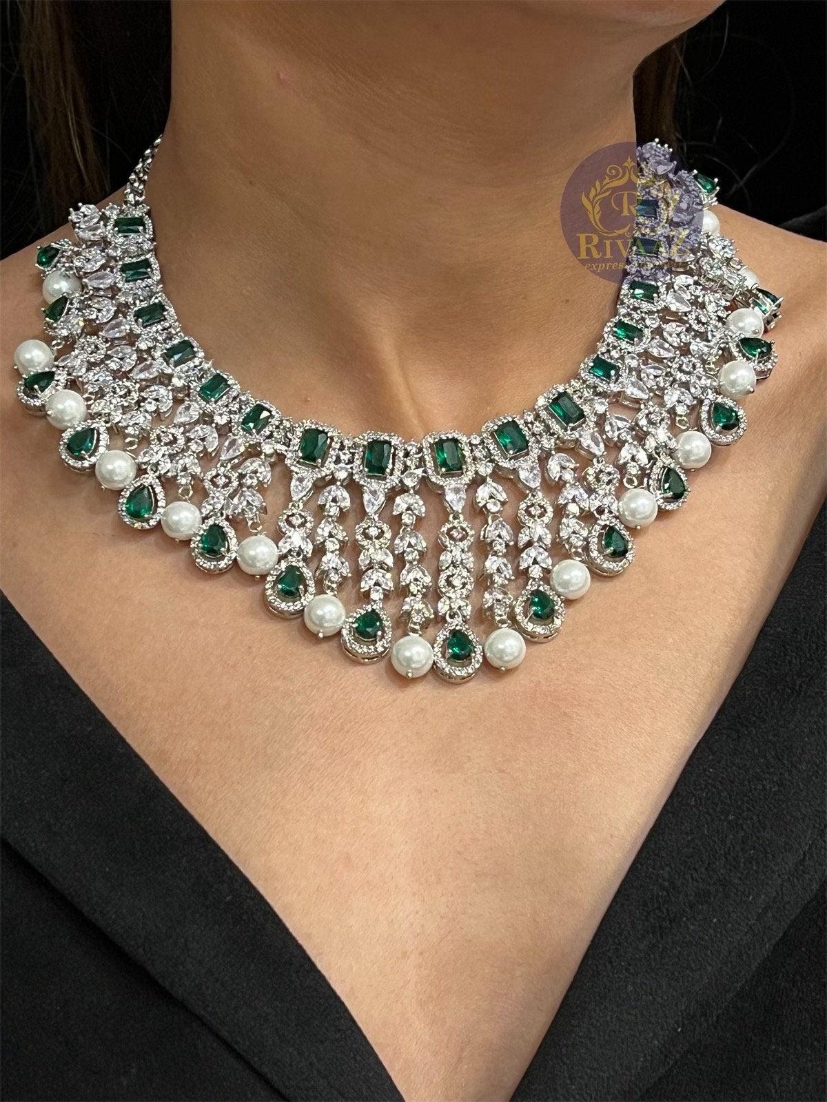 Emerald CZ Diamond Pearl Necklace Wedding Necklace Statement Necklace CZ Necklace Set Indian Bridal Jewelry American Diamond Set
