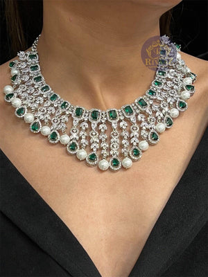 Emerald CZ Diamond Pearl Necklace Wedding Necklace Statement Necklace CZ Necklace Set Indian Bridal Jewelry American Diamond Set