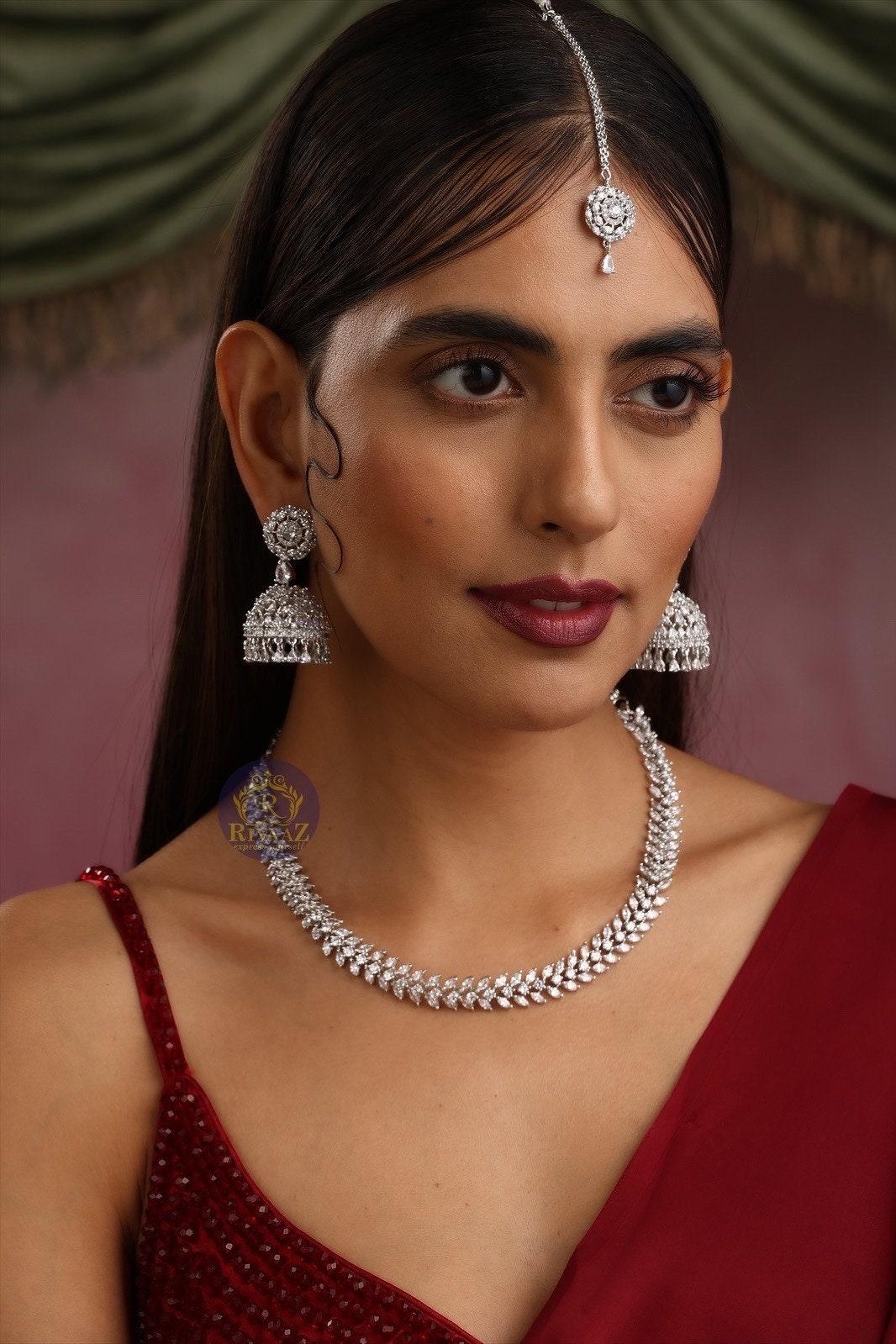 April White Diamond Necklace with Jhumka and Tikka CZ Necklace American Diamond Necklace Indian Necklace Crystal Jewelry Punjabi