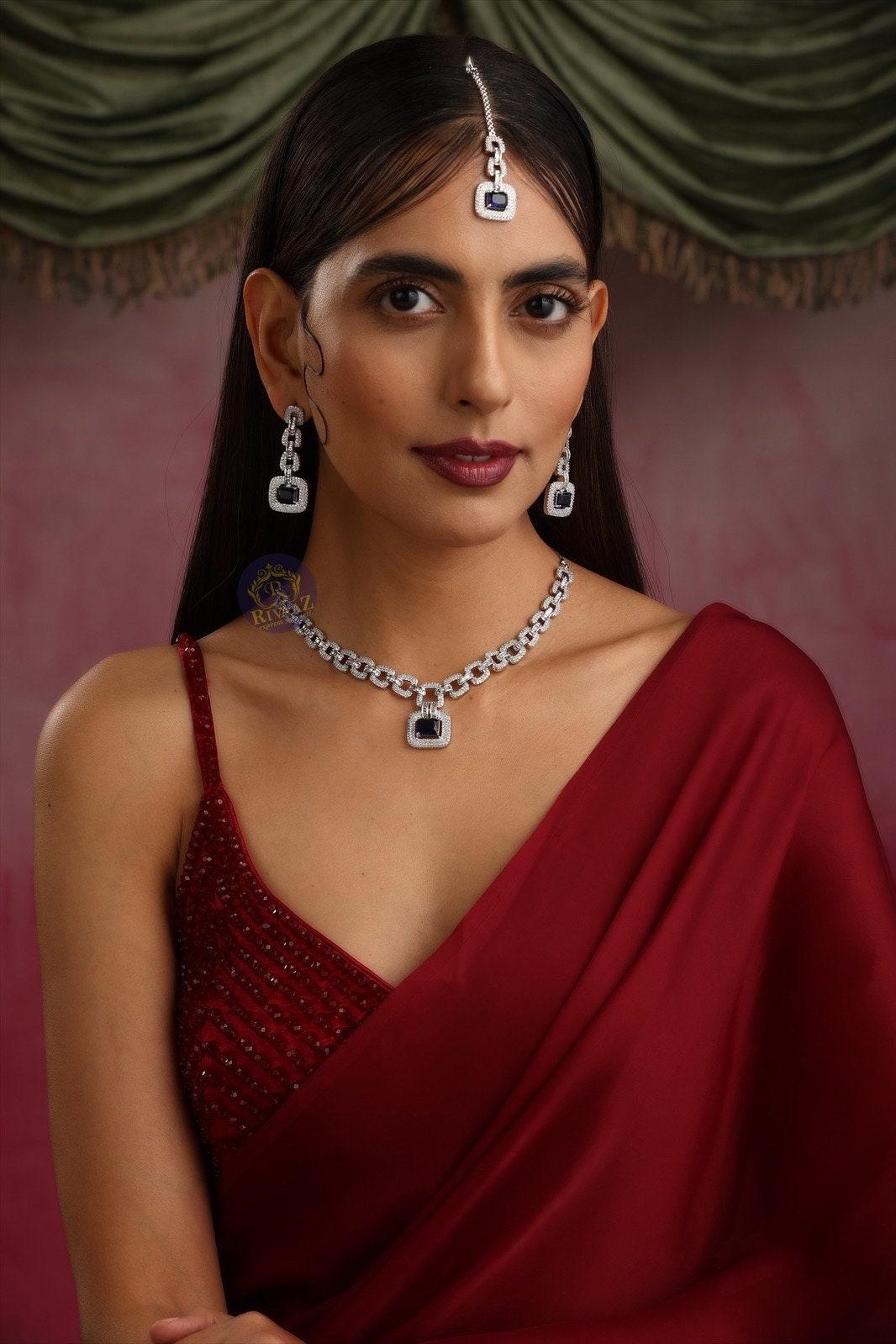 Delicate Blue Sapphire Diamond Curb Chain Long Necklace Set Silver Necklace by Rivaaz Jewelry Indian Necklace Pakistani Jewelry