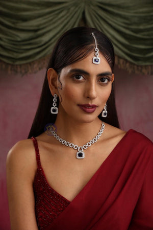 Delicate Blue Sapphire Diamond Curb Chain Long Necklace Set Silver Necklace by Rivaaz Jewelry Indian Necklace Pakistani Jewelry