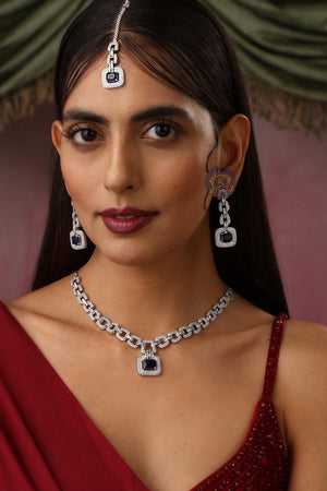 Delicate Blue Sapphire Diamond Curb Chain Long Necklace Set Silver Necklace by Rivaaz Jewelry Indian Necklace Pakistani Jewelry