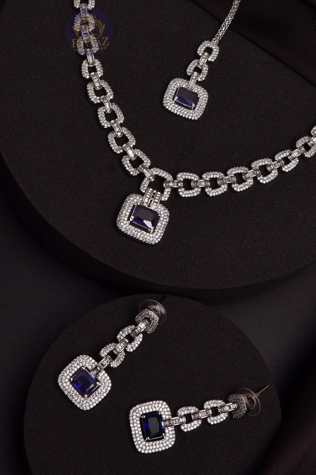 Delicate Blue Sapphire Diamond Curb Chain Long Necklace Set Silver Necklace by Rivaaz Jewelry Indian Necklace Pakistani Jewelry