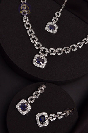 Delicate Blue Sapphire Diamond Curb Chain Long Necklace Set Silver Necklace by Rivaaz Jewelry Indian Necklace Pakistani Jewelry