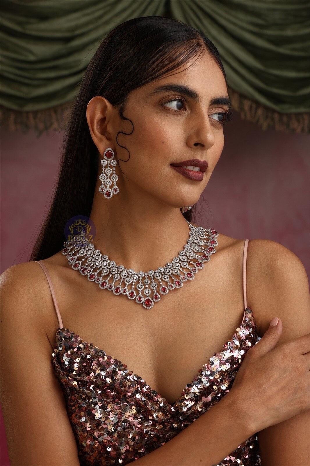 Ruby Diamond Necklace American Diamond Necklace Silver Necklace by Rivaaz