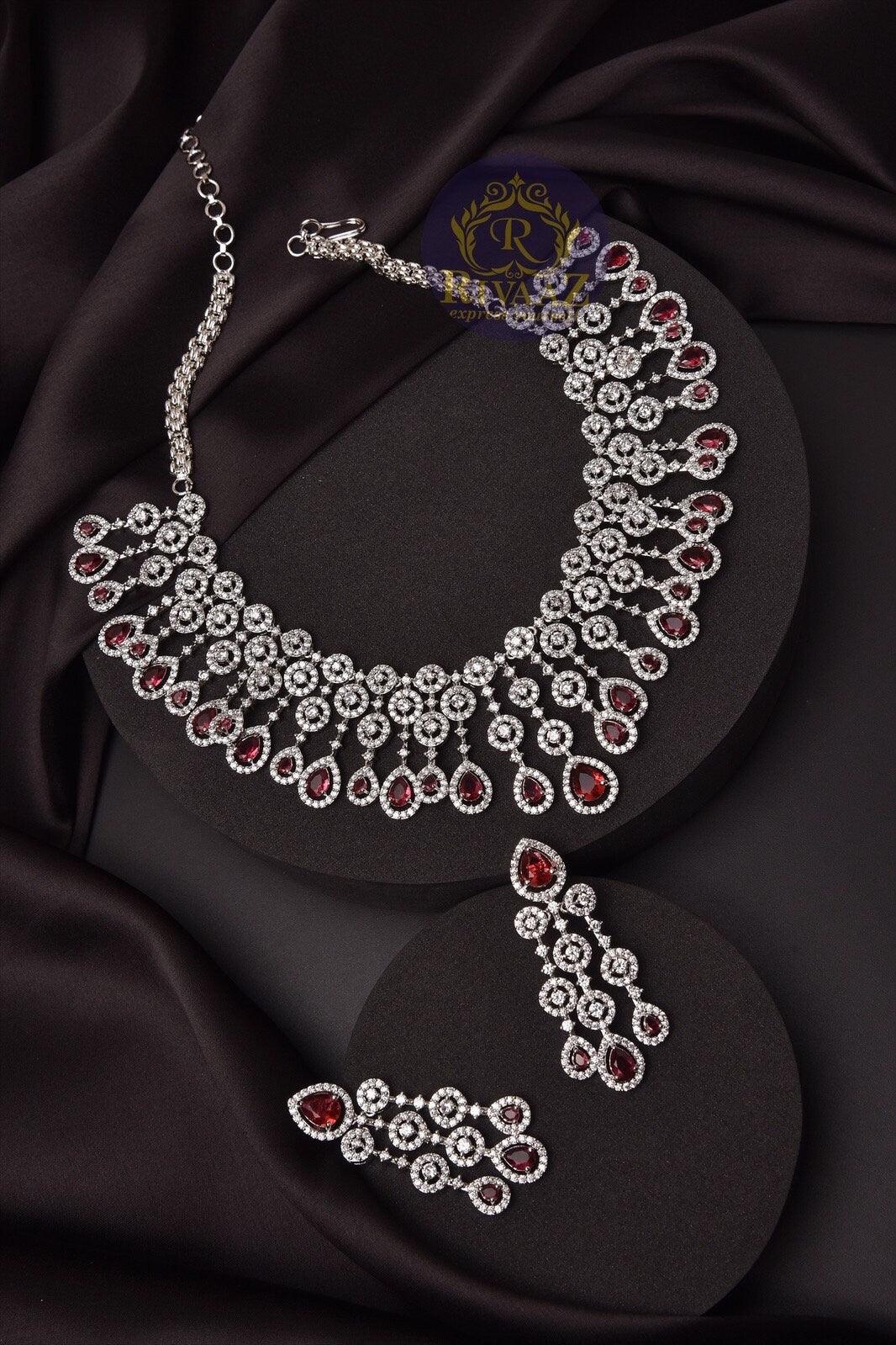 Ruby Diamond Necklace American Diamond Necklace Silver Necklace by Rivaaz