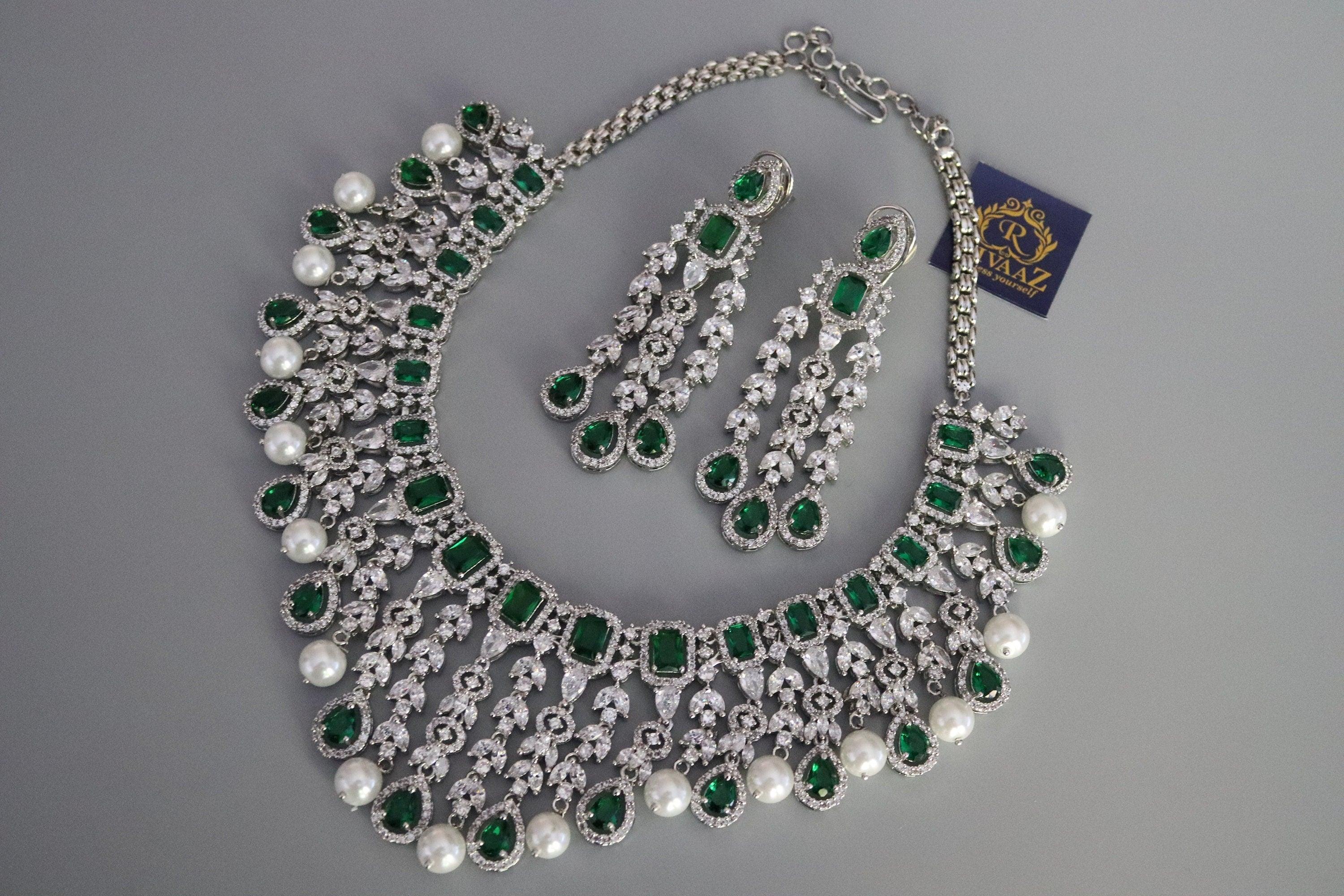 Emerald CZ Diamond Pearl Necklace Wedding Necklace Statement Necklace CZ Necklace Set Indian Bridal Jewelry American Diamond Set