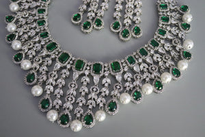 Emerald CZ Diamond Pearl Necklace Wedding Necklace Statement Necklace CZ Necklace Set Indian Bridal Jewelry American Diamond Set