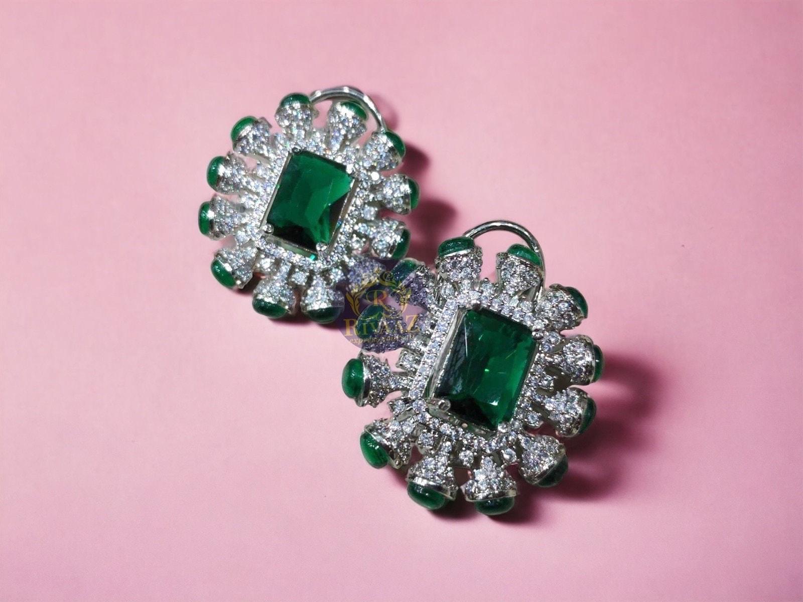 Kiara CZ Emerald Studs Indian Stud Statement Earrings Pakistani Earrings Cubic Zirconia EarringsIndian jewelryIndian earrings