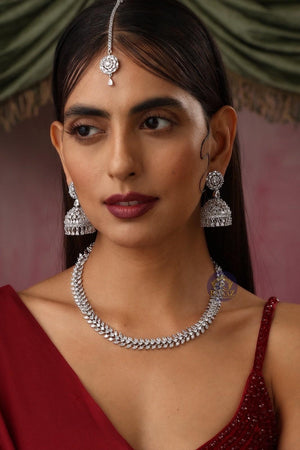 April White Diamond Necklace with Jhumka and Tikka CZ Necklace American Diamond Necklace Indian Necklace Crystal Jewelry Punjabi