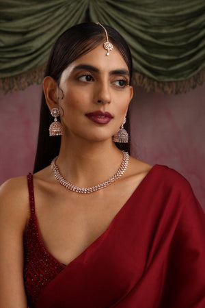 April Rose Gold Diamond Necklace with Jhumka and Tikka Rose Gold CZ Necklace American Diamond Necklace Rose Gold Indian Necklace Rose Gold