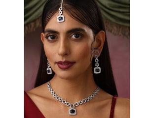 Delicate Blue Sapphire Diamond Curb Chain Long Necklace Set Silver Necklace by Rivaaz Jewelry Indian Necklace Pakistani Jewelry