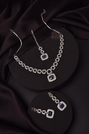 Delicate Blue Sapphire Diamond Curb Chain Long Necklace Set Silver Necklace by Rivaaz Jewelry Indian Necklace Pakistani Jewelry