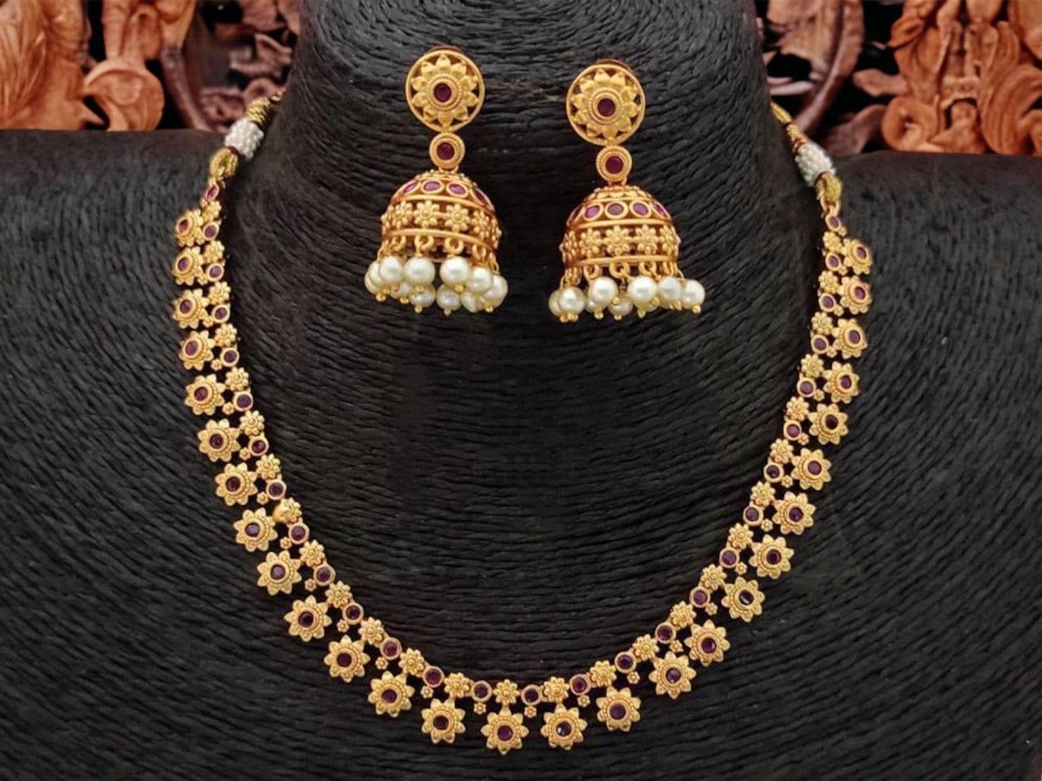 Lina Ruby Gold Indian Necklace Matte Gold • Indian Jewelry • South Indian Jewelry • One Gram Gold • Indian Jewellery • Indian Jewelry Set