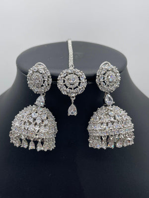 April Diamond Earring Tikka Set • Silver Maangtikka Set • CZ Jhumka Tikka Set •Indian Jewelry • Pakistani Jewelry • Punjabi Jewelry