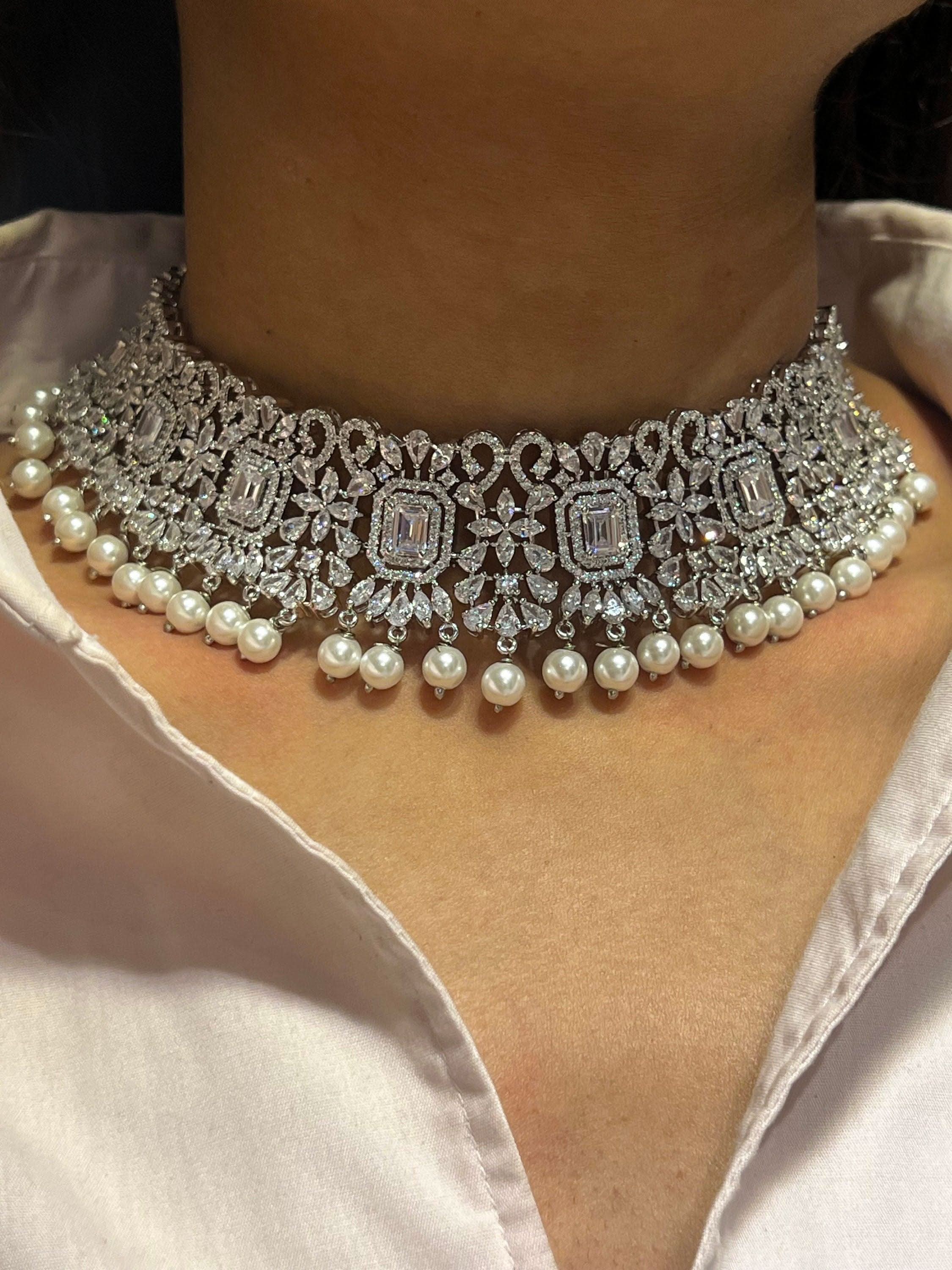 Pre Order Pari Pearl Diamond Choker CZ Choker American Diamond Necklace Set Choker Necklace Indian Cubic Zirconia Necklace Pakistani Jewelry
