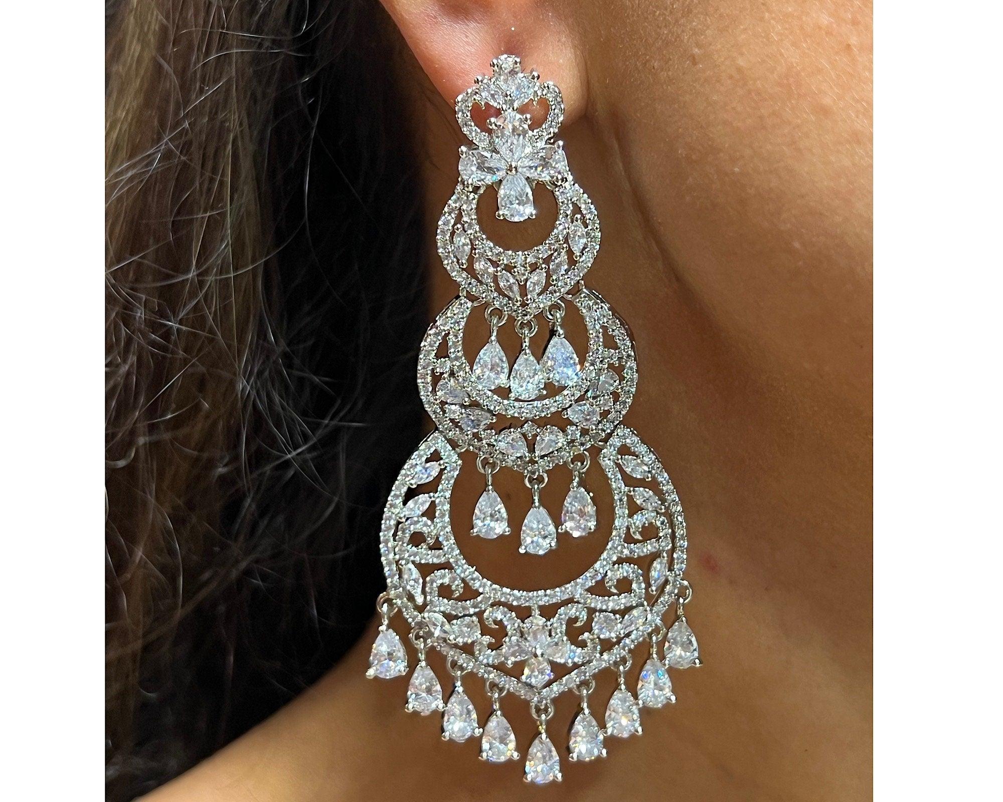 Silver Diamond CZ Chaandbali Earrings Indian Jewelry Statement Earrings Jhumka Earrings American Diamond Earrings Bollywood Pakistani
