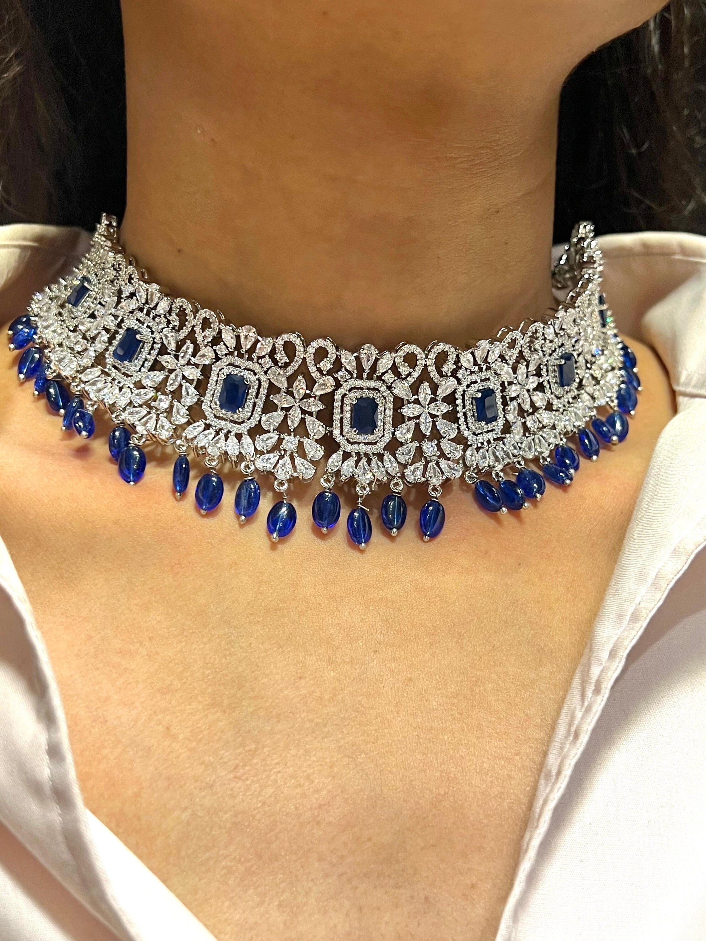 Pari Blue Diamond Choker CZ Choker American Diamond Necklace Set Choker Necklace Indian Cubic Zirconia Necklace Pakistani Jewelry