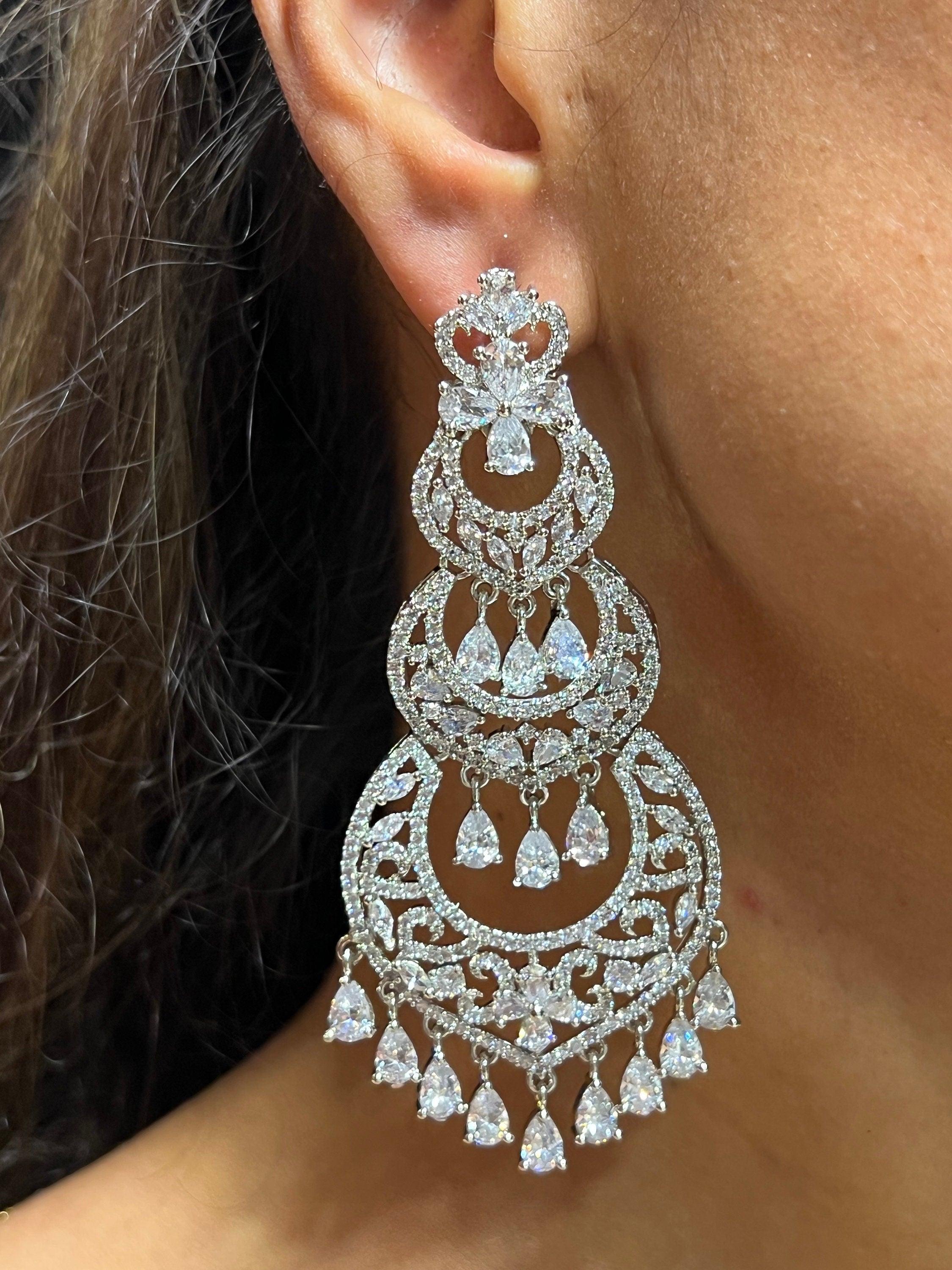 Silver Diamond CZ Chaandbali Earrings Indian Jewelry Statement Earrings Jhumka Earrings American Diamond Earrings Bollywood Pakistani
