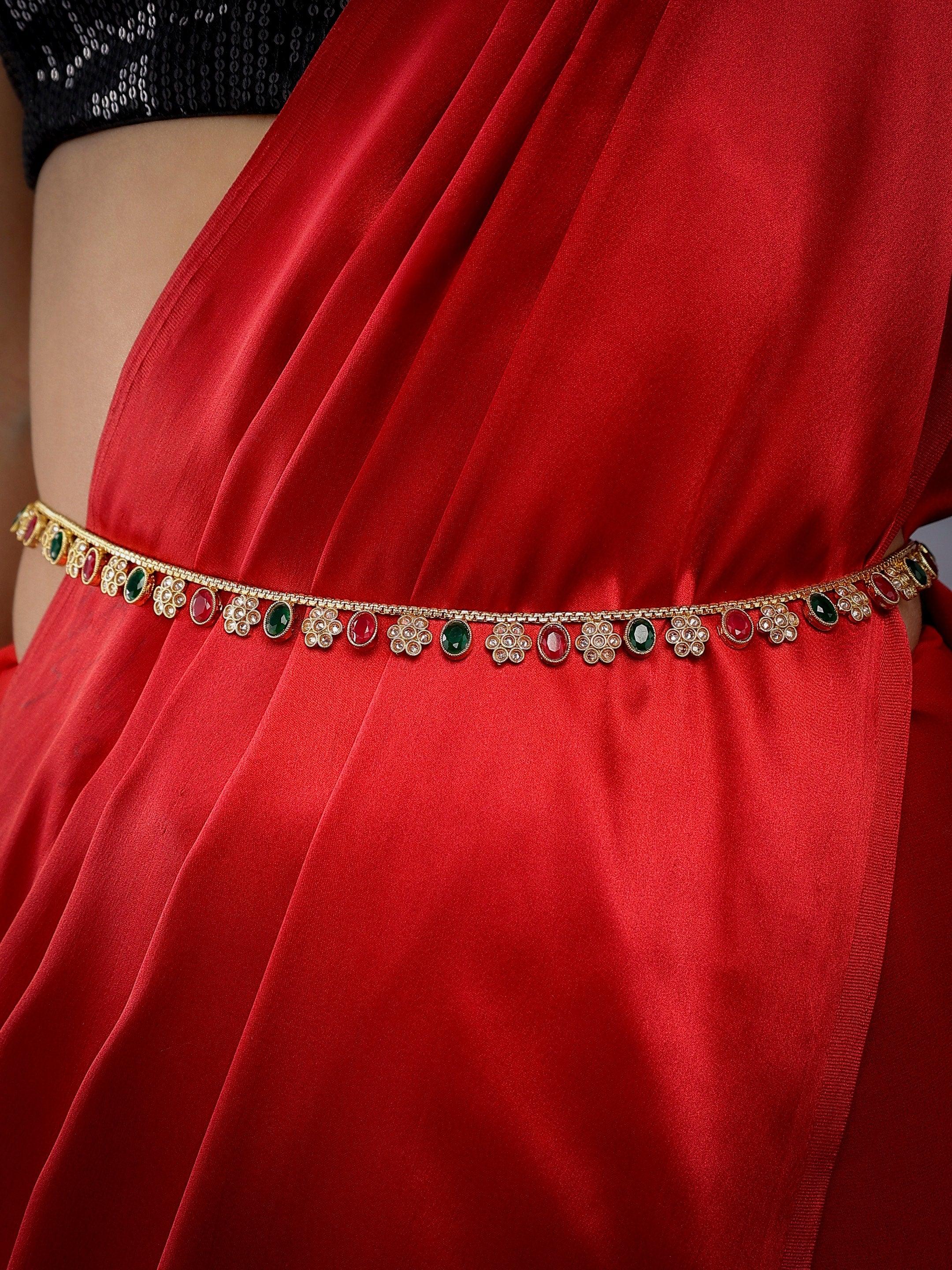 Ruby Green Gold Adjustable Waist Chain Belly Chain Kamarbandh Kamarpatta Vaddanam Sari Belt