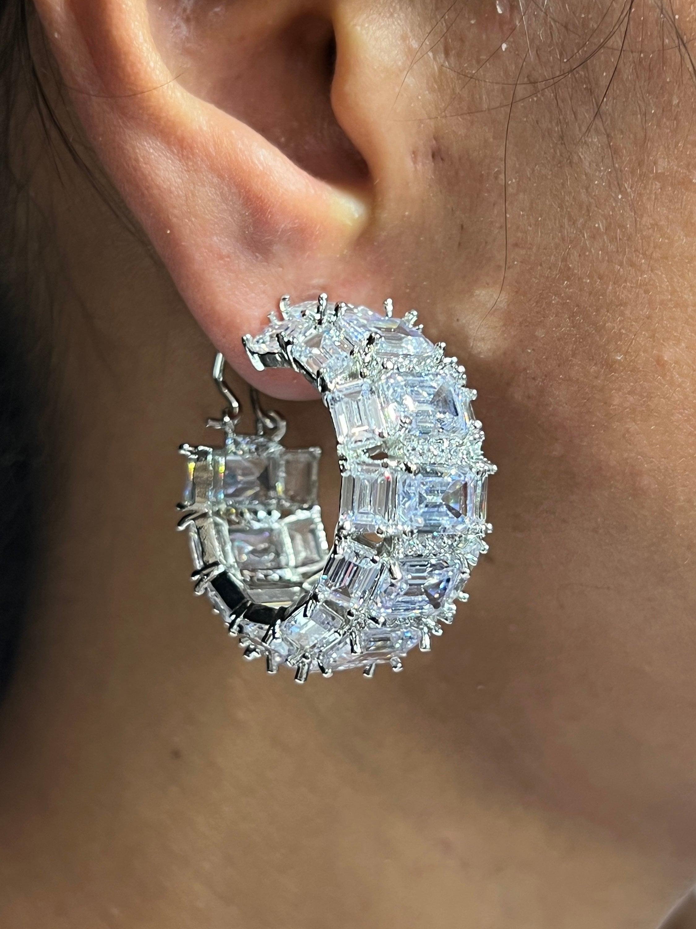 Baguette CZ Diamond hoops Statement Hoops Chunky Hoop Huggie Hoop Statement Earrings Statement Huggies Silver Hoop Indian Jewelry Earrings