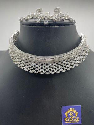 CZ Diamond Choker American Diamond Necklace White Rhodium Cubic Zirconia Necklace Crystal Necklace Indian Jewelry Pakistani