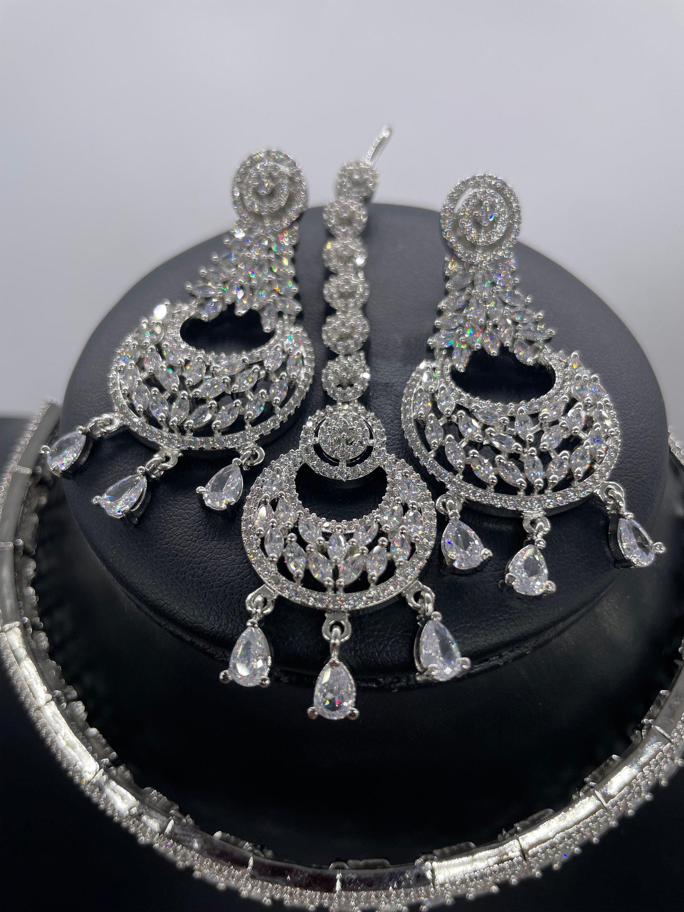 CZ Diamond Choker American Diamond Necklace White Rhodium Cubic Zirconia Necklace Crystal Necklace Indian Jewelry Pakistani