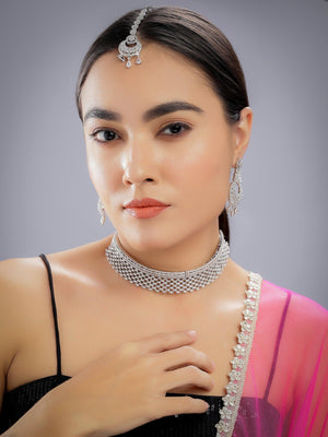 CZ Diamond Choker American Diamond Necklace White Rhodium Cubic Zirconia Necklace Crystal Necklace Indian Jewelry Pakistani