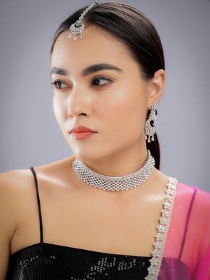 CZ Diamond Choker American Diamond Necklace White Rhodium Cubic Zirconia Necklace Crystal Necklace Indian Jewelry Pakistani