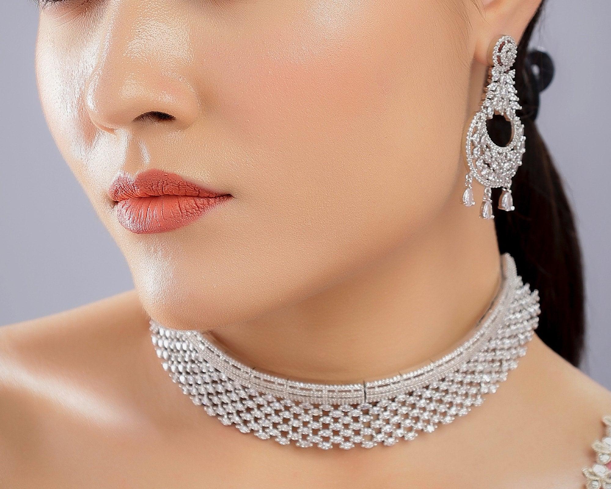 CZ Diamond Choker American Diamond Necklace White Rhodium Cubic Zirconia Necklace Crystal Necklace Indian Jewelry Pakistani