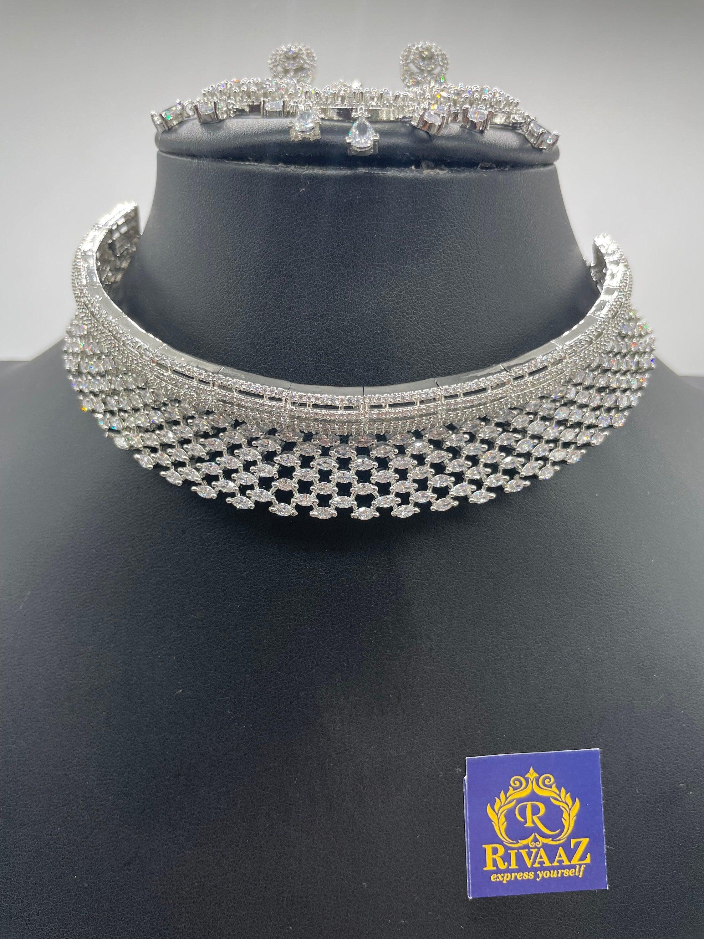 CZ Diamond Choker American Diamond Necklace White Rhodium Cubic Zirconia Necklace Crystal Necklace Indian Jewelry Pakistani