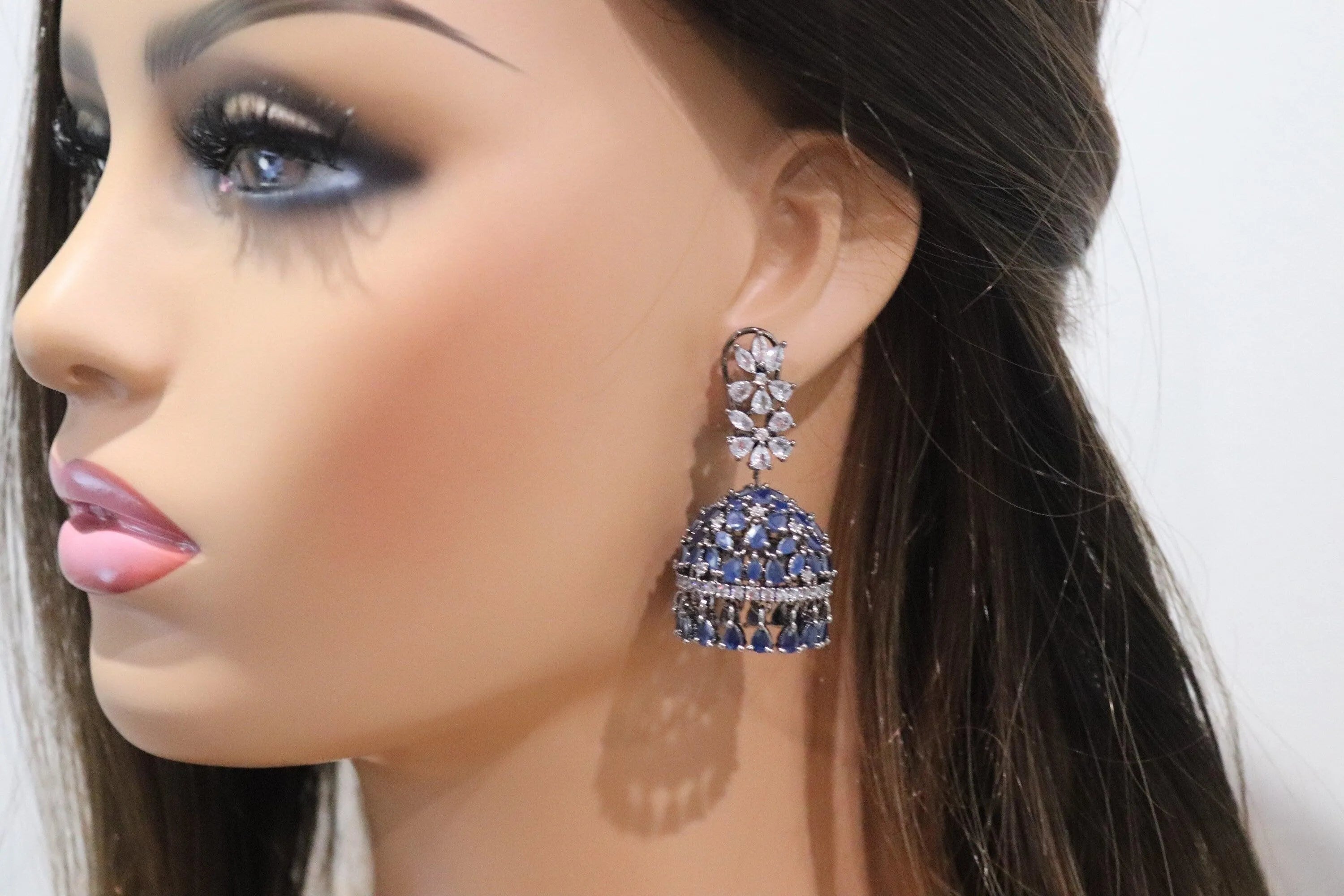 Mili Blue Diamond Jhumki | CZ Jhumka | Indian Jewelry | Pakistani Jewelry | Indian Earrings | Bollywood Jewelry | Jhumkas |