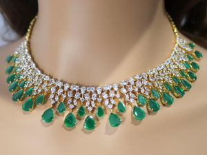 June Gold Emerald Green CZ Diamond Necklace Statement Jewelry Statement Necklace Pakistani Jewelry Indian Necklace CZ choker AmericanDiamond